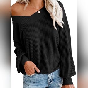Vneck Dual Side Off The Shoulder Waffle Knitted Fabric Top Women's Size XL